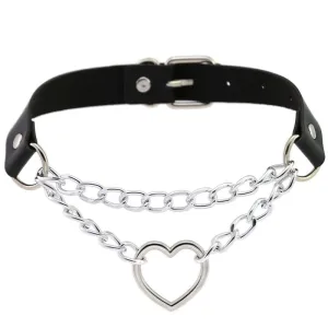Creative Double Layer Metal Chain Hollow Heart Design PU Choker