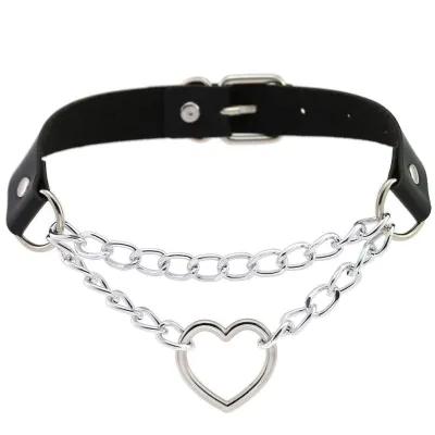 Creative Double Layer Metal Chain Hollow Heart Design PU Choker