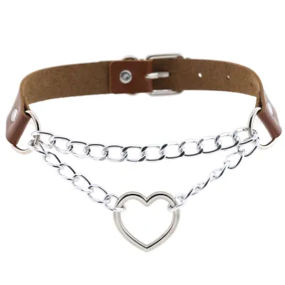 Creative Double Layer Metal Chain Hollow Heart Design PU Choker