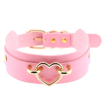 Women Exaggerated Wide PU Leather Alloy Heart Decor Punk Choker Necklace