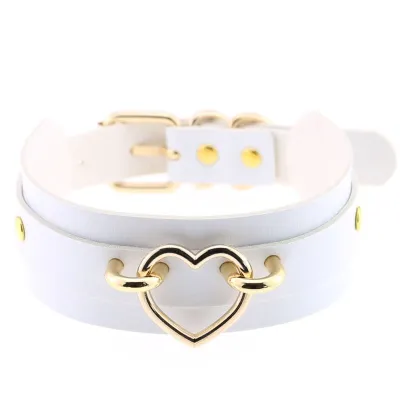 Women Exaggerated Wide PU Leather Alloy Heart Decor Punk Choker Necklace