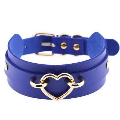 Women Exaggerated Wide PU Leather Alloy Heart Decor Punk Choker Necklace