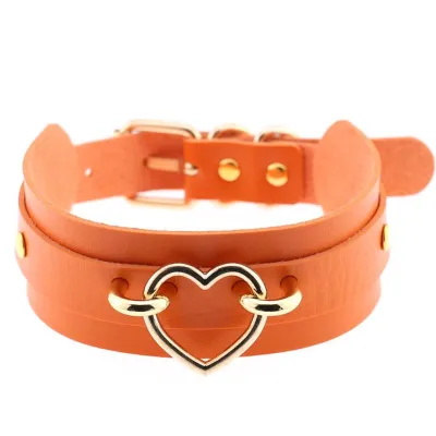 Women Exaggerated Wide PU Leather Alloy Heart Decor Punk Choker Necklace