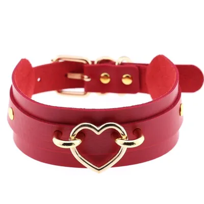 Women Exaggerated Wide PU Leather Alloy Heart Decor Punk Choker Necklace