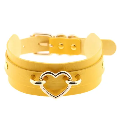 Women Exaggerated Wide PU Leather Alloy Heart Decor Punk Choker Necklace