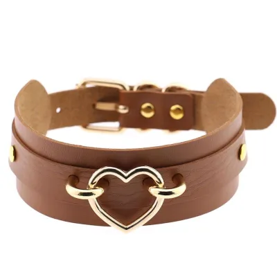 Women Exaggerated Wide PU Leather Alloy Heart Decor Punk Choker Necklace