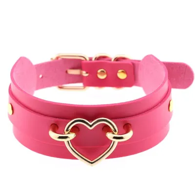 Women Exaggerated Wide PU Leather Alloy Heart Decor Punk Choker Necklace