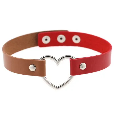 Contrast Double Color Design Women Alloy Heart PU Choker Necklace