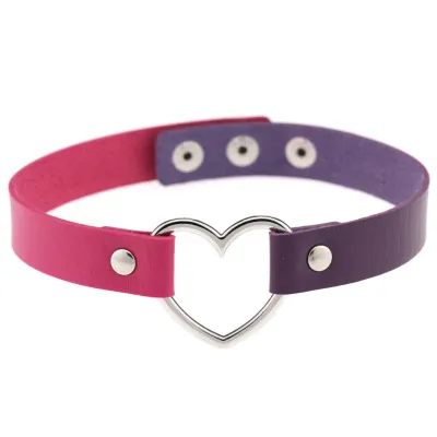 Contrast Double Color Design Women Alloy Heart PU Choker Necklace