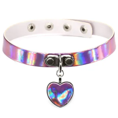 Fashion Laser Pattern PU Leather Heart Pendant Women Gothic Choker Necklace