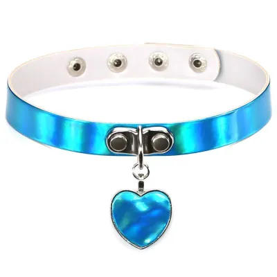 Fashion Laser Pattern PU Leather Heart Pendant Women Gothic Choker Necklace