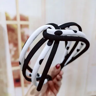 Fashion Double Color Polka Dot Print Twisted Hollow Headband Adjustable