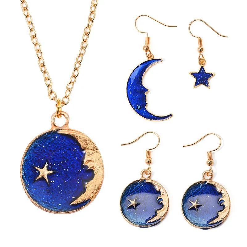 Fashion Moon Star Pattern Women Unique Enameled Necklace Earring Set
