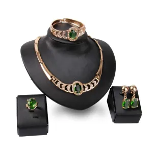 Fashion Shiny Emerald Color Gemstone Hollow Design Necklace Party Set