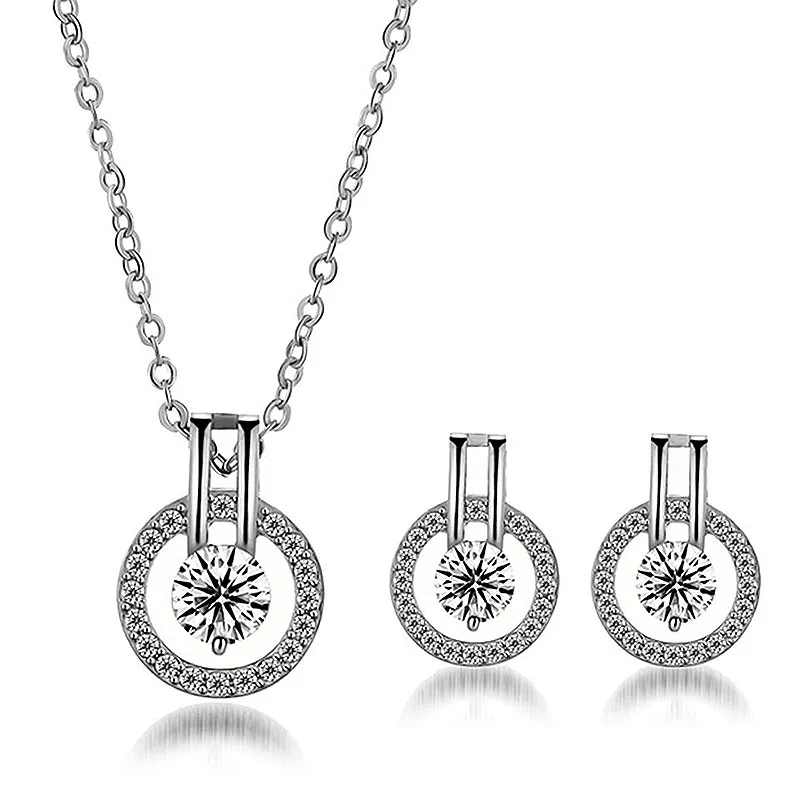 Women Simple Zircon Round Necklace Earrings Set Brass Anchor Navy Style