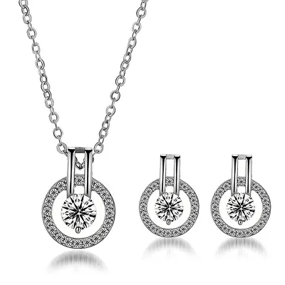 Women Simple Zircon Round Necklace Earrings Set Brass Anchor Navy Style