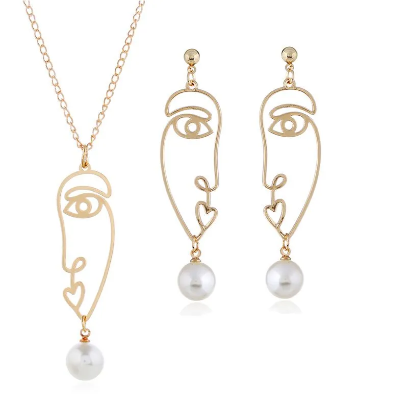 Creative Handmade Abstract Portrait Pearl Pendant Necklace Earrings Set