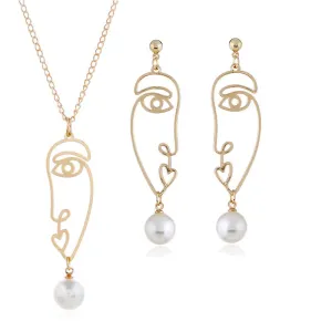 Creative Handmade Abstract Portrait Pearl Pendant Necklace Earrings Set