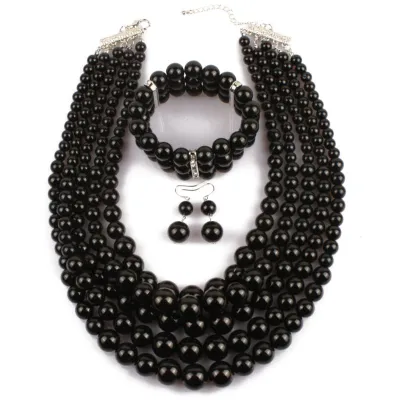 Simple Colored Imitation Pearl Beaded Multilayer Necklace Bracelet Set
