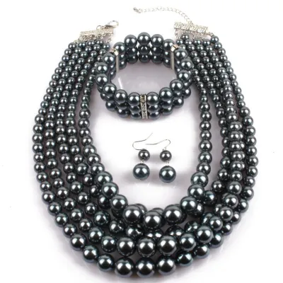 Simple Colored Imitation Pearl Beaded Multilayer Necklace Bracelet Set