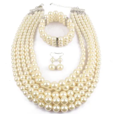 Simple Colored Imitation Pearl Beaded Multilayer Necklace Bracelet Set