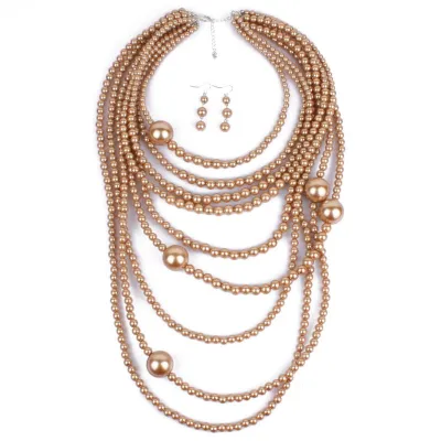 Women's Fashion Exaggerated Multilayer Long Imitation Pearl Necklace Set with Snake Chain