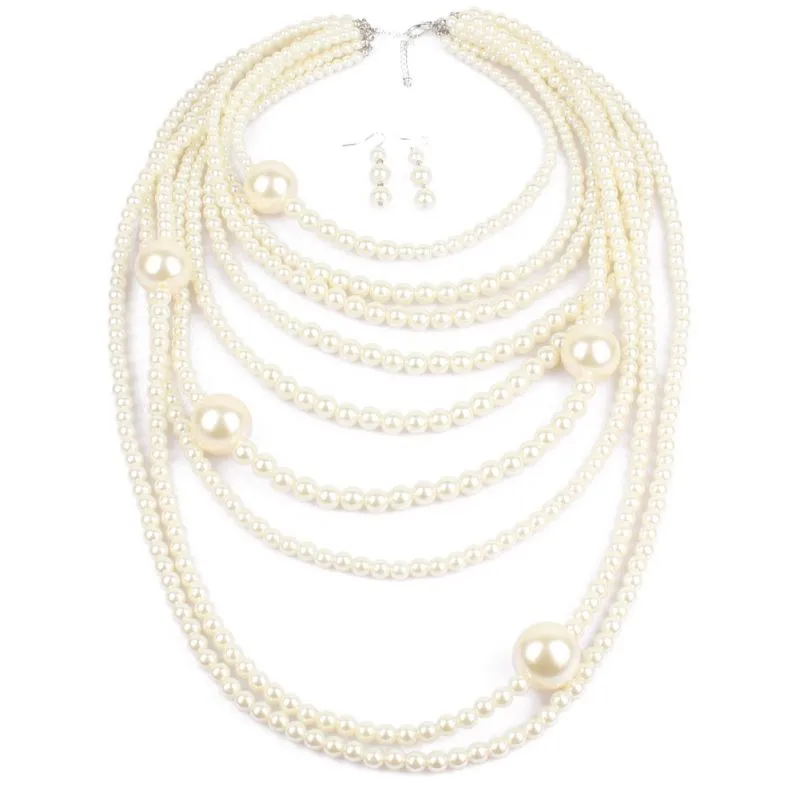 Women's Fashion Exaggerated Multilayer Long Imitation Pearl Necklace Set with Snake Chain