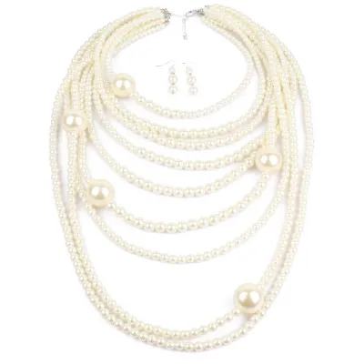 Women's Fashion Exaggerated Multilayer Long Imitation Pearl Necklace Set with Snake Chain