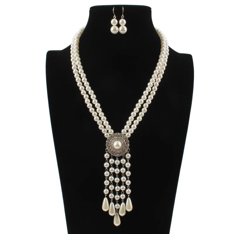 Women Ethnic Style Imitation Pearl Beaded Tassel Necklace Set Geometric Snake Chain