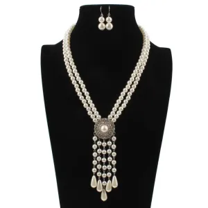 Women Ethnic Style Imitation Pearl Beaded Tassel Necklace Set Geometric Snake Chain