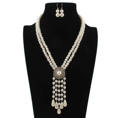 Women Ethnic Style Imitation Pearl Beaded Tassel Necklace Set Geometric Snake Chain