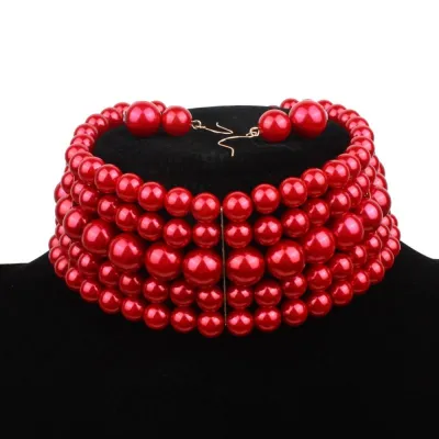 Women Layered Colored Imitation Pearl Beaded Choker Necklace Set