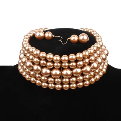 Women Layered Colored Imitation Pearl Beaded Choker Necklace Set