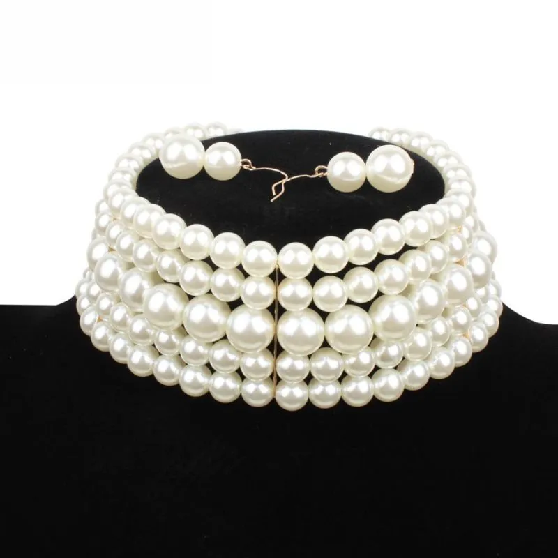 Women Layered Colored Imitation Pearl Beaded Choker Necklace Set