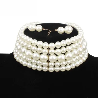 Women Layered Colored Imitation Pearl Beaded Choker Necklace Set