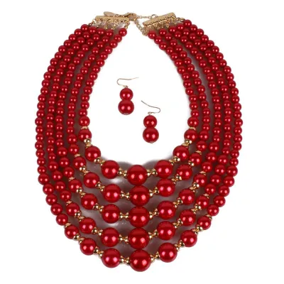 Women Exaggerated Layered Handmade Beaded Pearl Necklace Set with Snake Chain