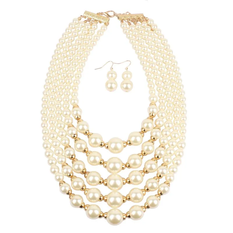 Women Exaggerated Layered Handmade Beaded Pearl Necklace Set with Snake Chain