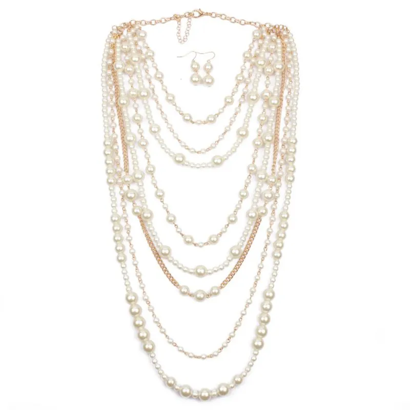 Wholesale Fashion Handmade Imitation Pearl Beaded Exaggerated Sweater Necklace Set