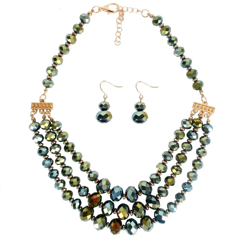 Wholesale Fashion Layered Design Women Metallic Glass Beads Necklace Set 43+8cm