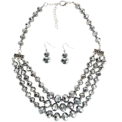 Wholesale Fashion Layered Design Women Metallic Glass Beads Necklace Set 43+8cm