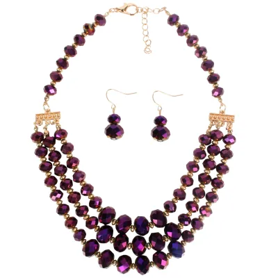 Wholesale Fashion Layered Design Women Metallic Glass Beads Necklace Set 43+8cm
