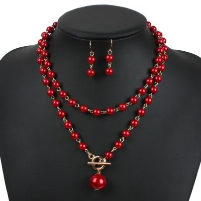 Unique Metal Lock Design Women Colored Imitation Pearl Layered Necklace Set