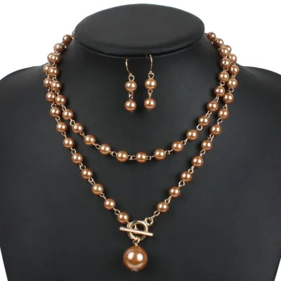 Unique Metal Lock Design Women Colored Imitation Pearl Layered Necklace Set