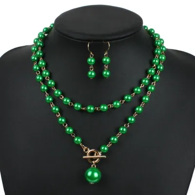 Unique Metal Lock Design Women Colored Imitation Pearl Layered Necklace Set