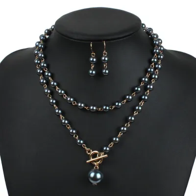 Unique Metal Lock Design Women Colored Imitation Pearl Layered Necklace Set