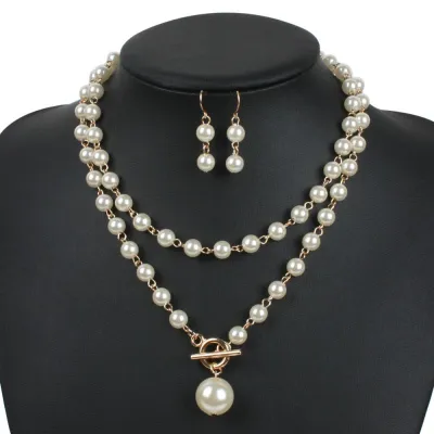 Unique Metal Lock Design Women Colored Imitation Pearl Layered Necklace Set