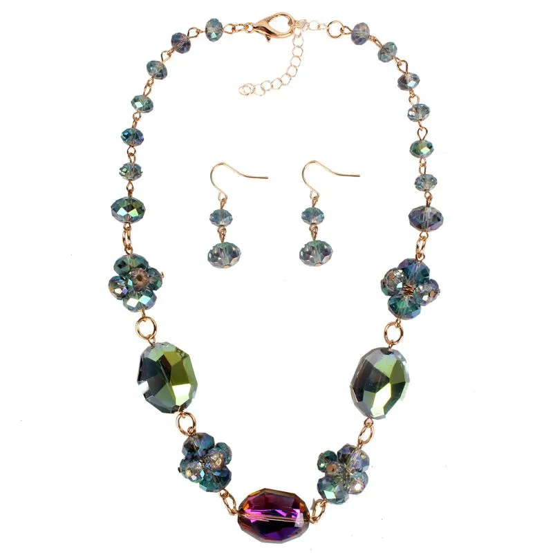 Colored Crystal Beads Pearl Necklace Earrings Set for Women