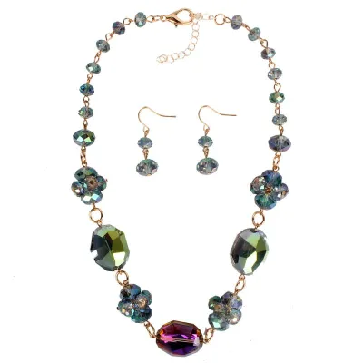 Colored Crystal Beads Pearl Necklace Earrings Set for Women