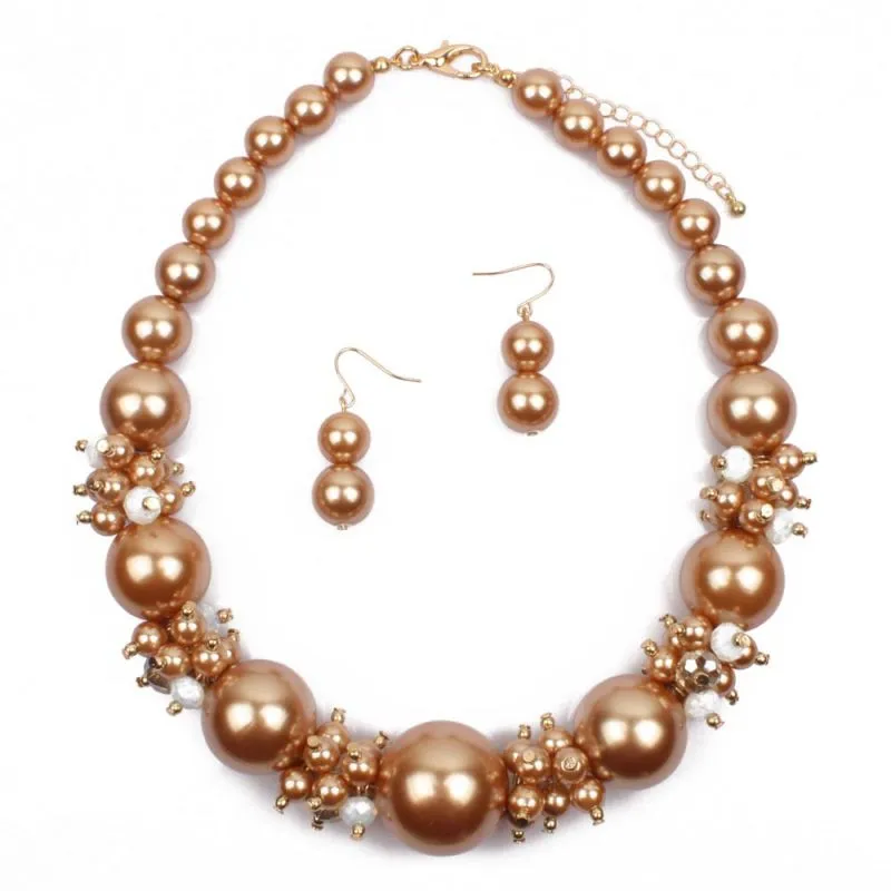Women Elegant Imitation Pearl Beaded Princess Necklace Earrings Set