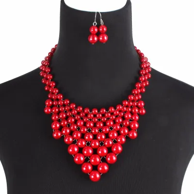 Women Exaggerated Multilayer Pearl Beaded Triangle Pendant Necklace Set Geometric Style